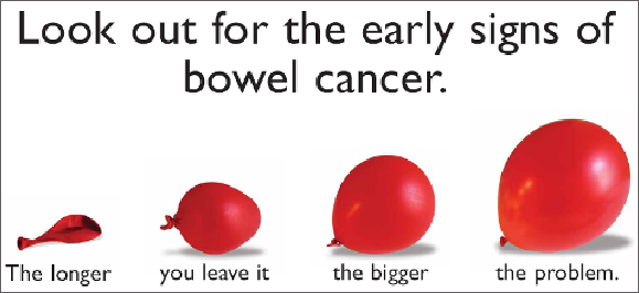 Look for signs of early bowel cancer. The longer you leave it the bigger the problem. Image shows expanding red balloons as analogy for bowel cancer becoming a bigger problem.