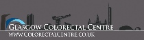 Glasgow Colorectal Centre logo against a silhouette of Glasgow city buildings and the river Clyde, Scotland