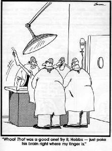 Larson cartoon of surgeons operating 