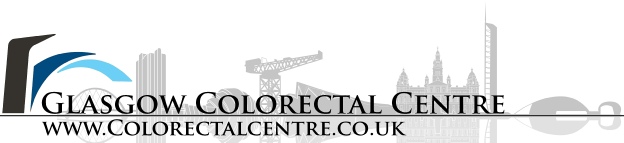 Glasgow Colorectal Centre logo with silhouette of Glasgow skyline including the SECC & Finnieston, reflected in the river Clyde